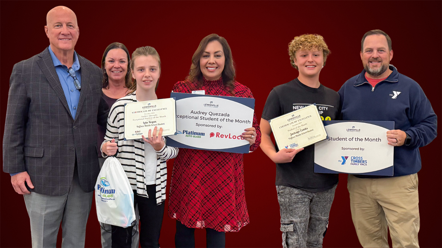  Huffines Middle School students Jacksyn Combs and Lola Regan recognized by the Lewisville Chamber.